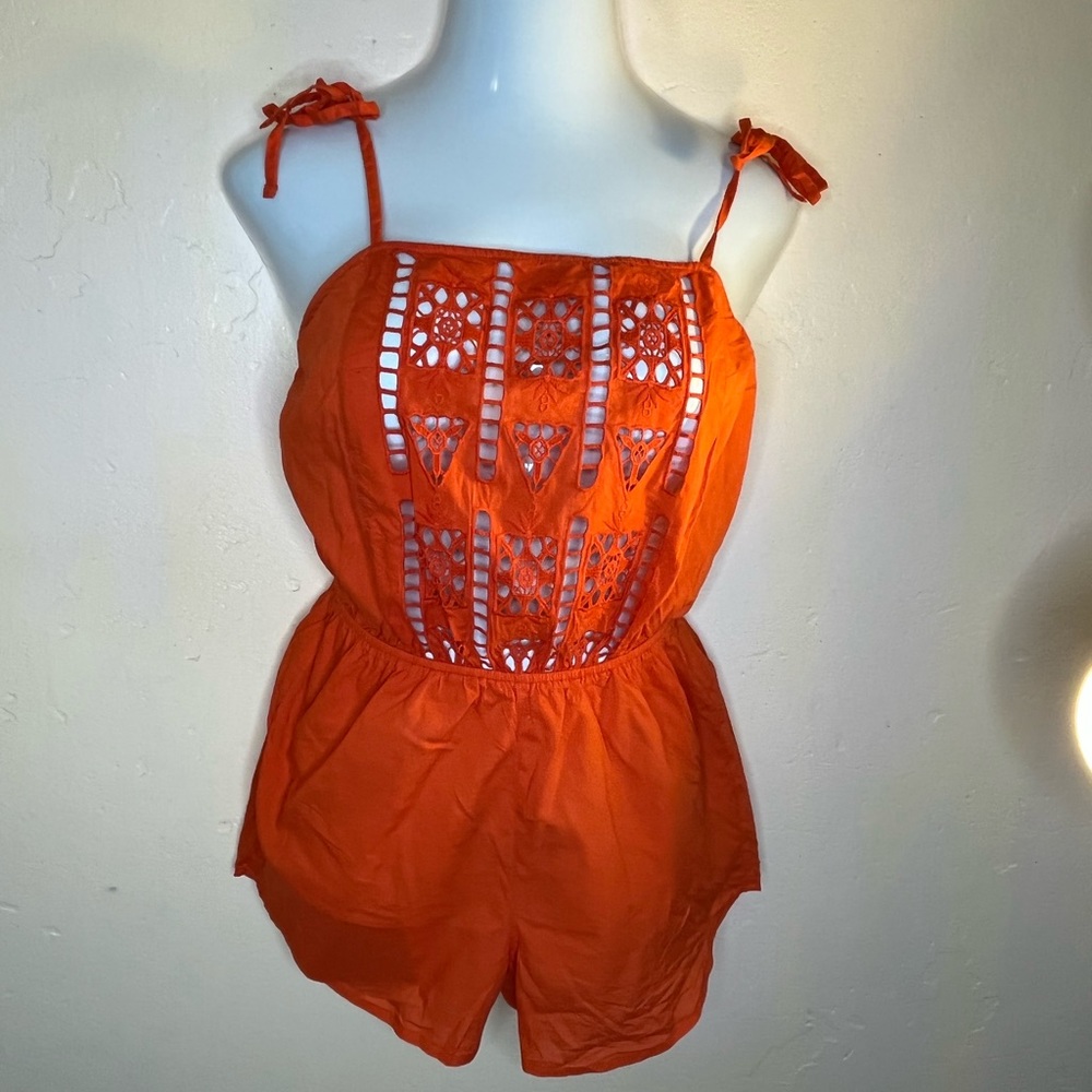 O’Neill orange romper with shoulder ties and laser cut detail top, size small